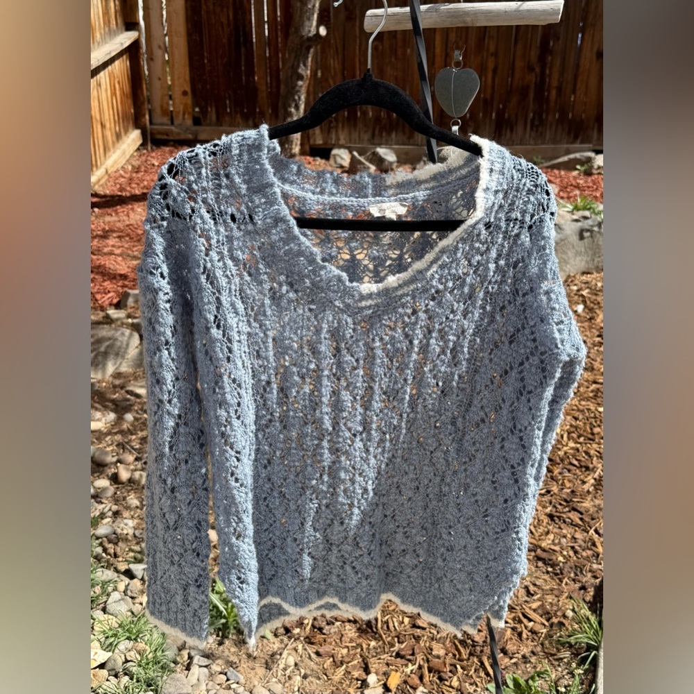 MyMichelle Blue Crochet Open Knit Boho Sweater